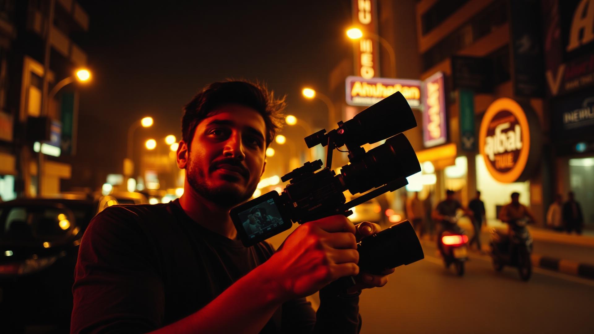 Filmmaker with stabilizer rig in Ahmedabad at night